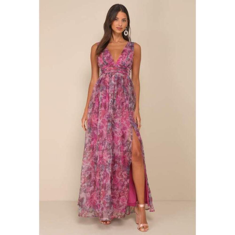 Lulus Garden Romance Magenta Floral Print Organza Maxi Dress Pink - Size XL nwt